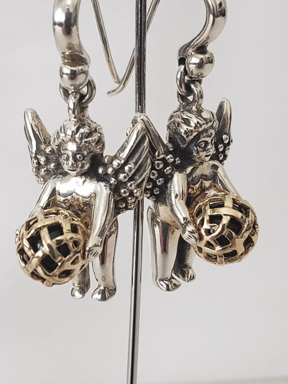 Barry Kieselstein Cord Vintage 14K Gold & Silver Cherub Orb Dangle Earrings